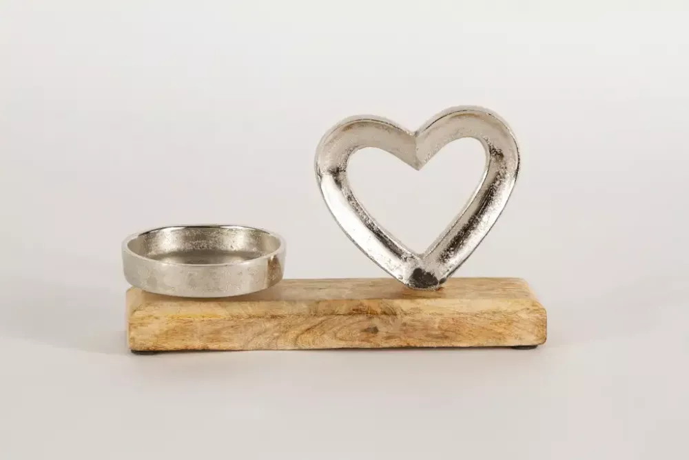 Kerzenhalter Herz aus Metall und Mangoholz – elegante Wohnraumdekoration