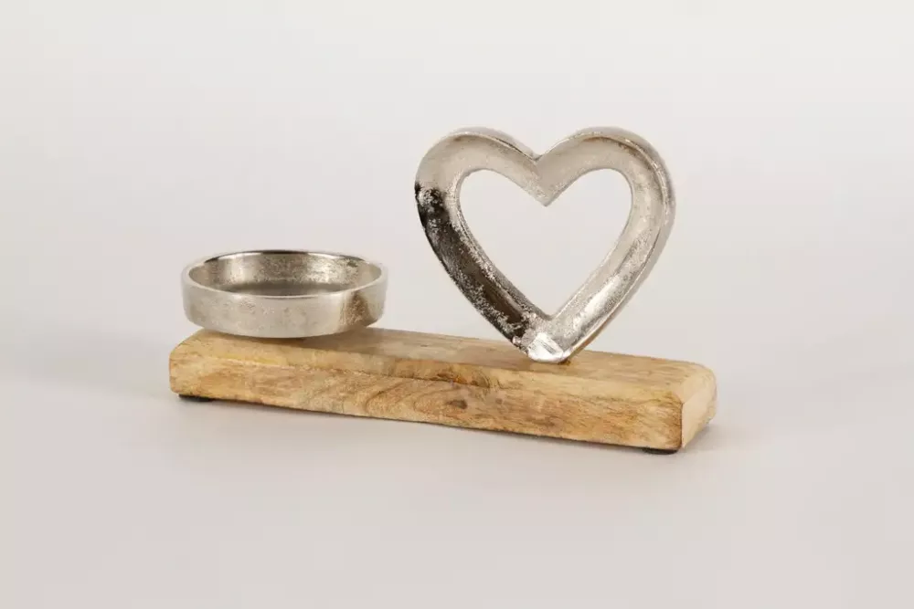 Kerzenhalter Herz aus Metall und Mangoholz – elegante Wohnraumdekoration