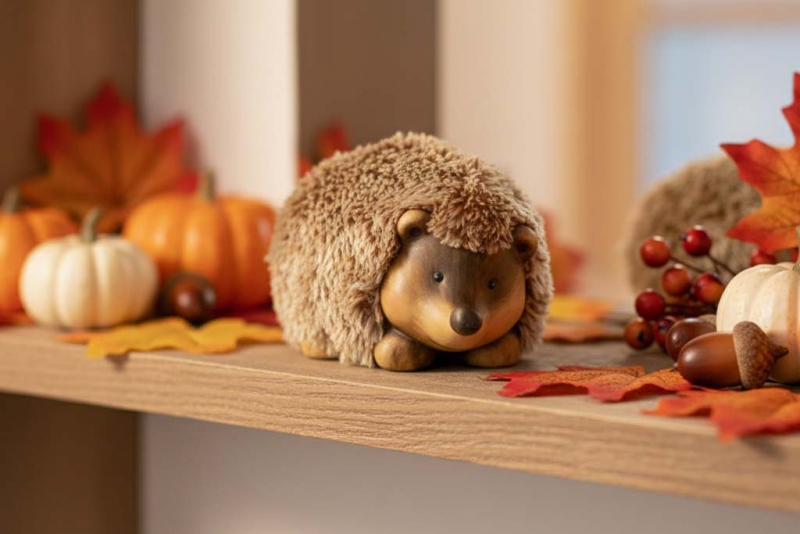 Igel aus Ton und Kunstfell liegend – kuschelige, verspielte Herbstdeko; gleich kaufen