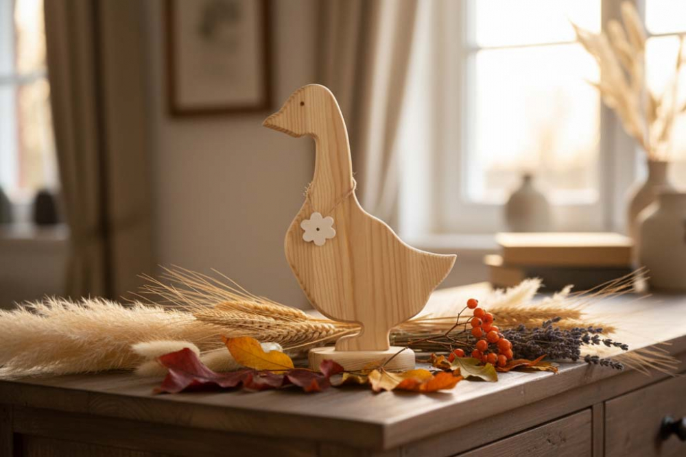 Ente aus Holz auf Sockel