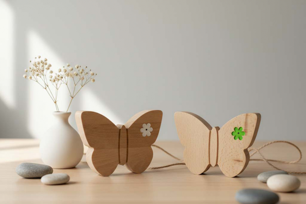 Dekorativer Schmetterling aus Buchenholz mit Blumen-Gravur – perfekte Geschenkidee für Frühlingsfreunde.