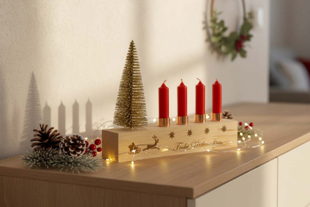 Kerzenständer Advent aus Buche Holz mit vier Kerzenhaltern festlich dekoriert