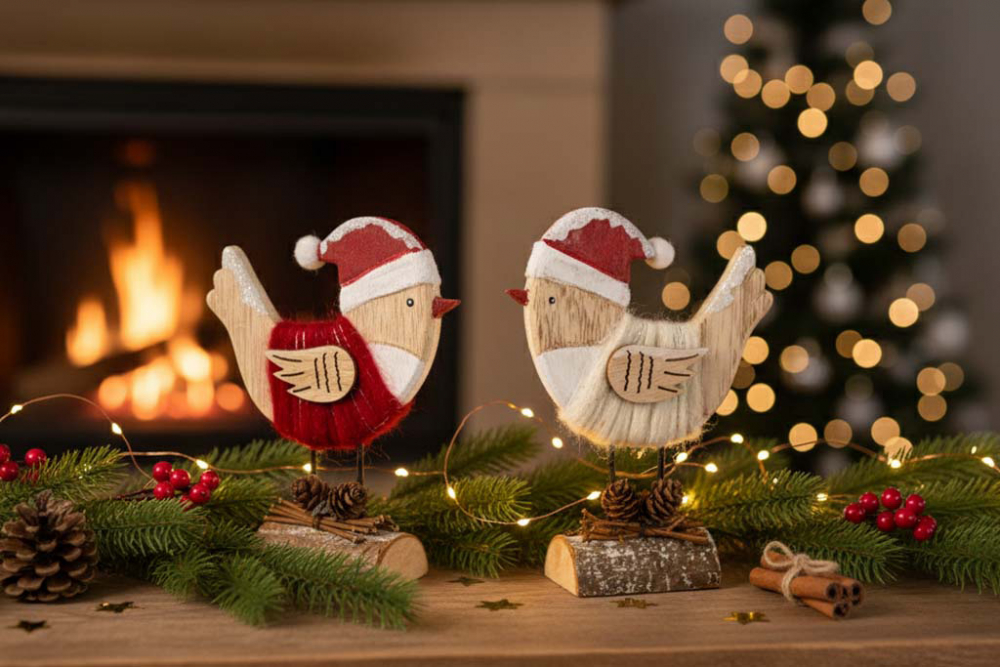 Weihnachtsvogel auf Baumstamm in rot – charmante Dekofigur aus Holz