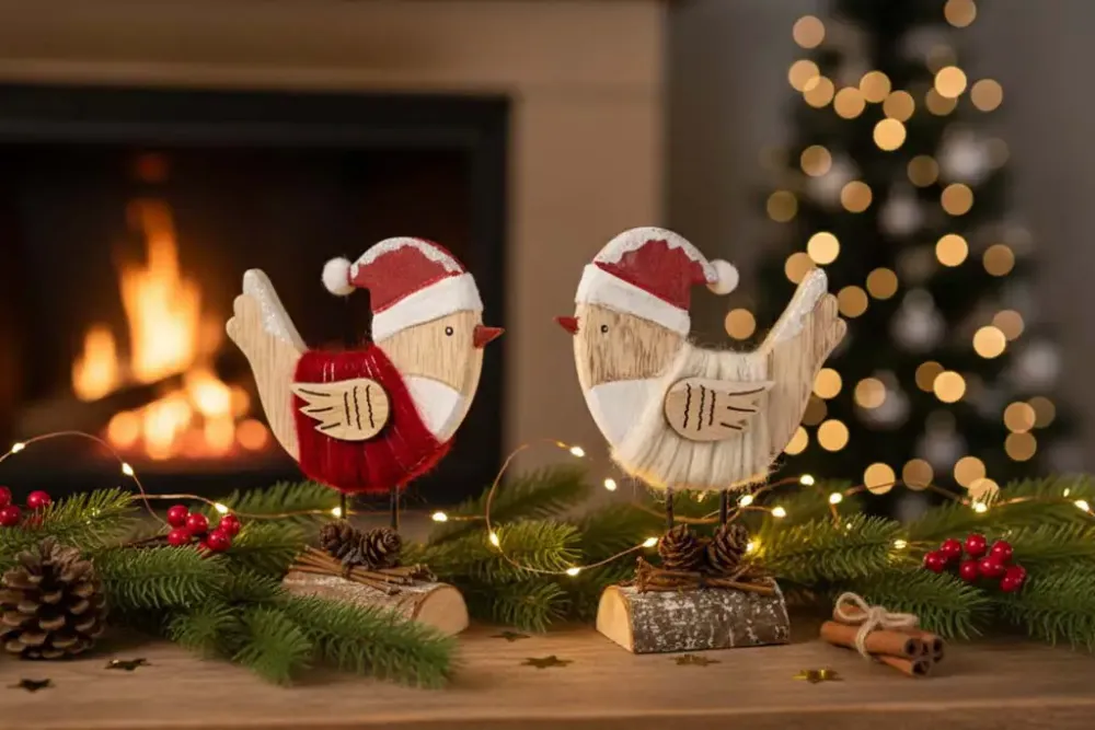 Weihnachtsvogel auf Baumstamm in rot – charmante Dekofigur aus Holz