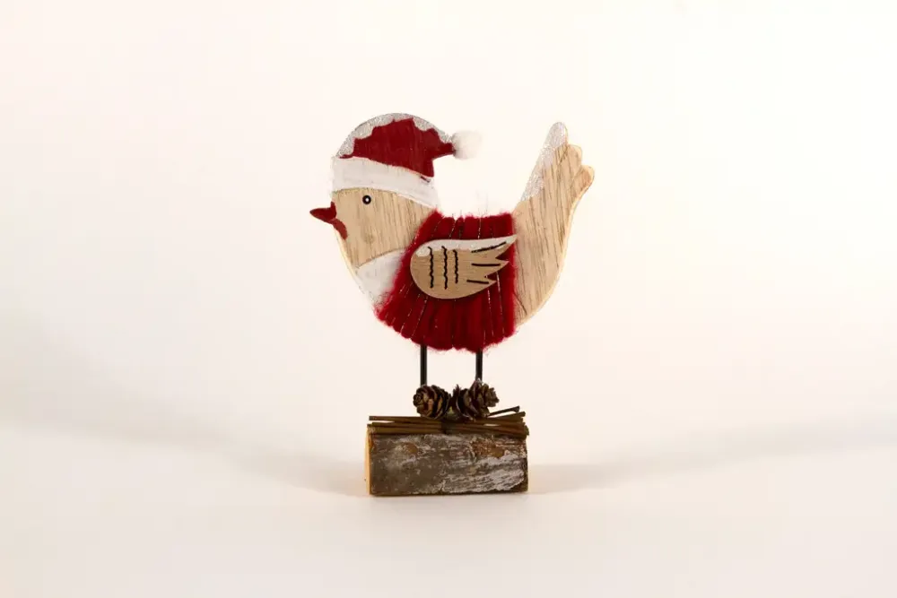 Holzfigur Weihnachtsvogel auf Baumstamm – ideale Deko für Fensterbank und Weihnachtsbaum
