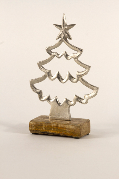 Tannenbaum aus Metall Silber auf Holzsockel