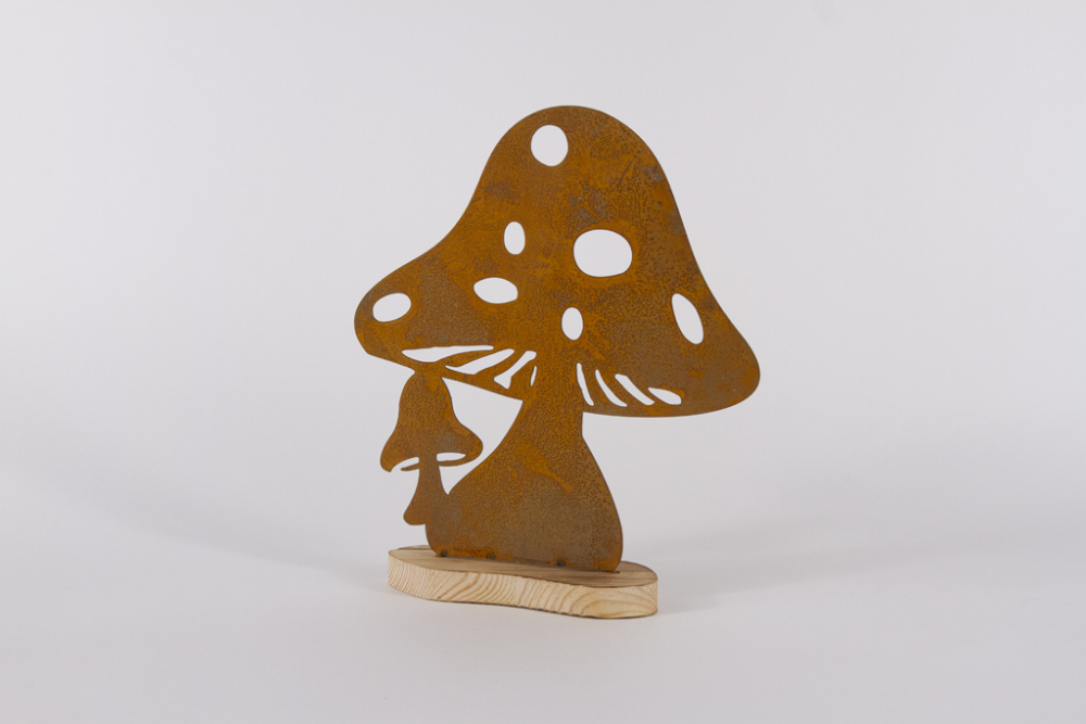 Dekorativer Pilz aus Metall mit Holzsockel – ideal für Fenster oder Tisch