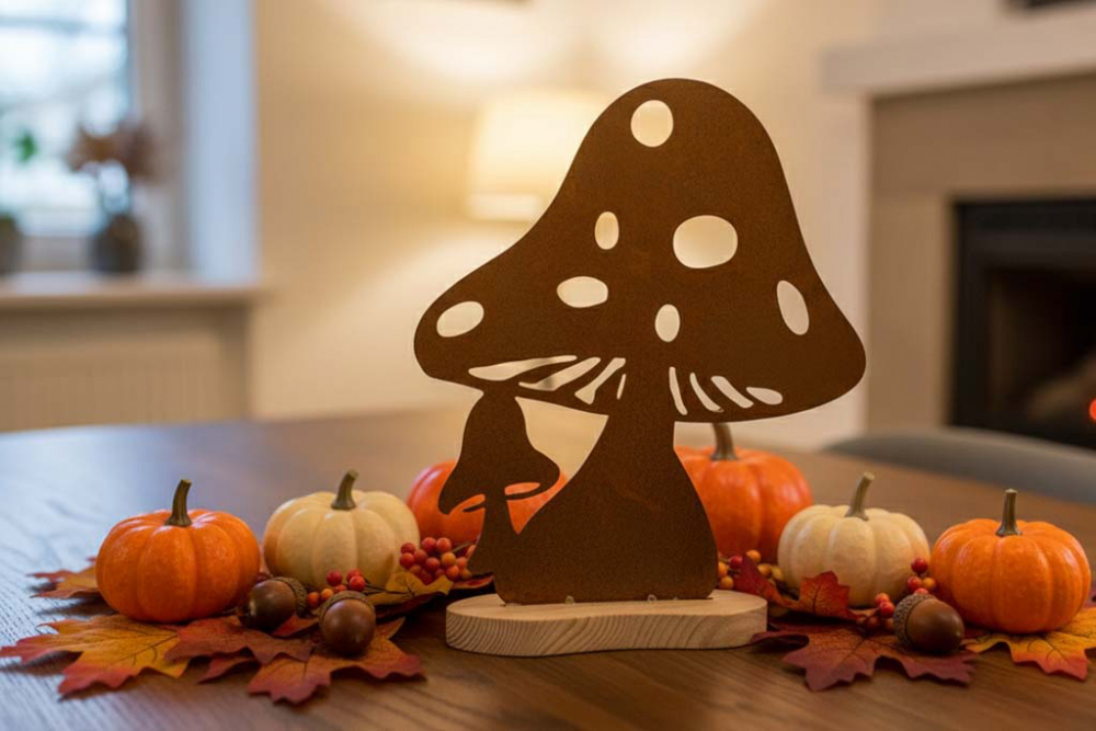 Pilz aus Metall mit Edelrost-Optik auf Holzsockel – Gartendeko