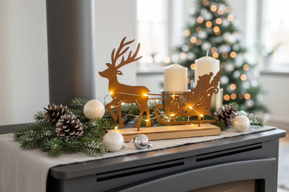 Rentier-Schlitten aus Metall mit Edelrost-Optik auf Holzsockel