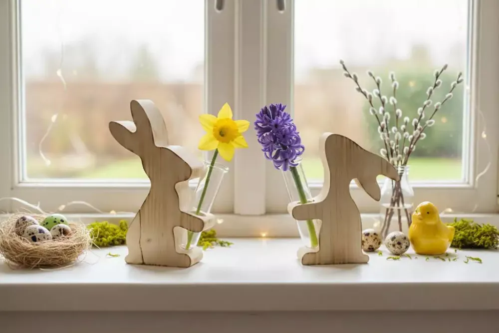 Hase aus Holz mit Reagenzglas Kiefernholz Dekoration für Frühling und Ostern