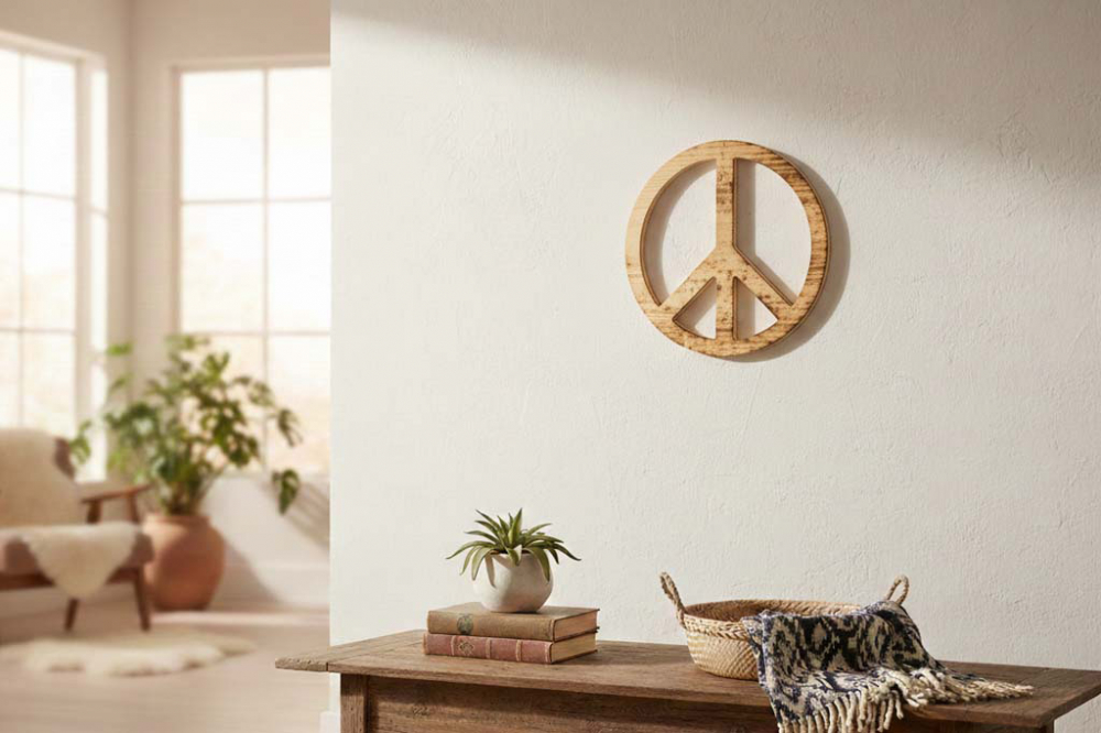 Geflammtes Peace-Zeichen aus unbehandeltem Kiefernholz – Zeitlose Tischdeko