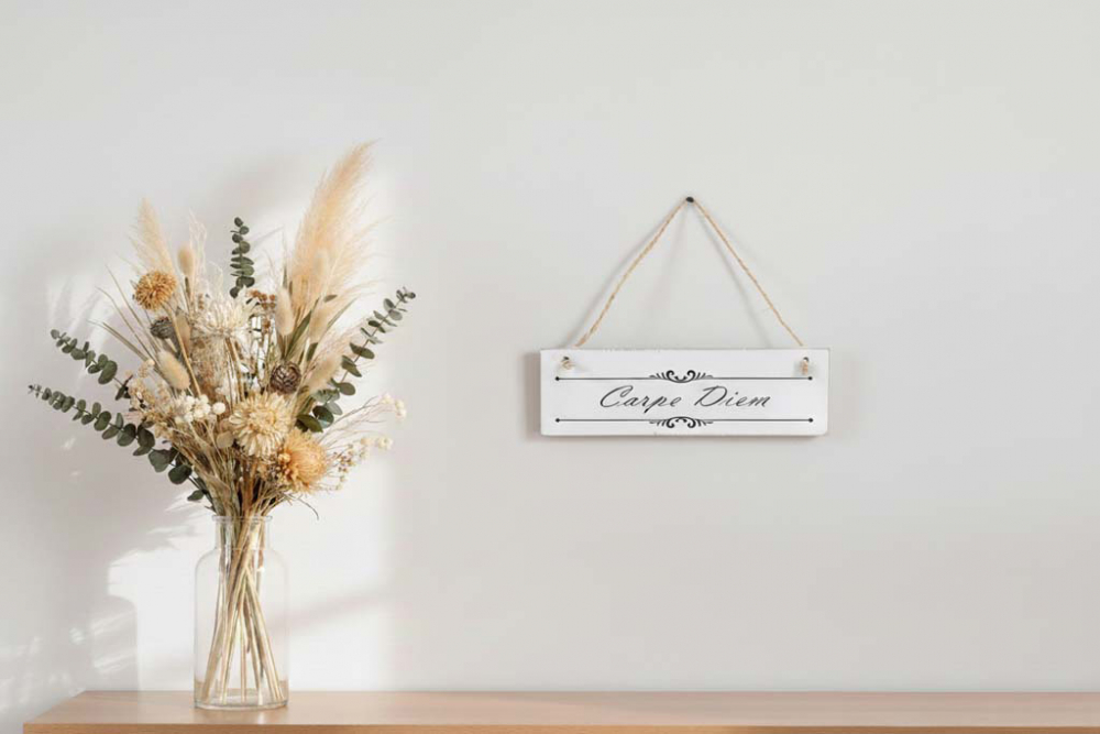 Deko-Schild Carpe Diem aus Holz, beige mit schwarzer Schrift, aufgehängt an einer weißen Wand als inspirierende Wohnzimmer-Dekoration