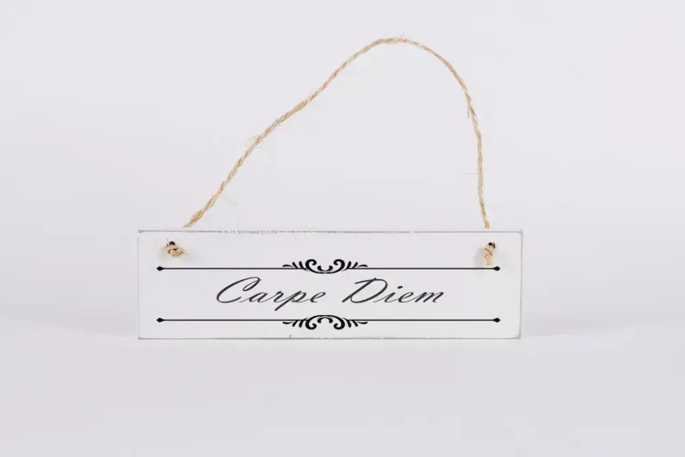 Deko-Schild Carpe Diem aus Holz, beige mit schwarzer Schrift, aufgehängt an einer weißen Wand als inspirierende Wohnzimmer-Dekoration