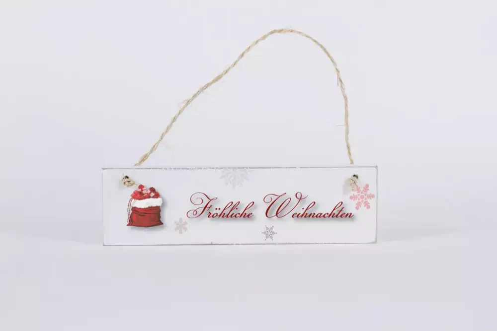 Deko-Schild mit Aufschrift Fröhliche Weihnachten – rustikale Holzdeko im Vintage-Stil mit Juteband zum Aufhängen