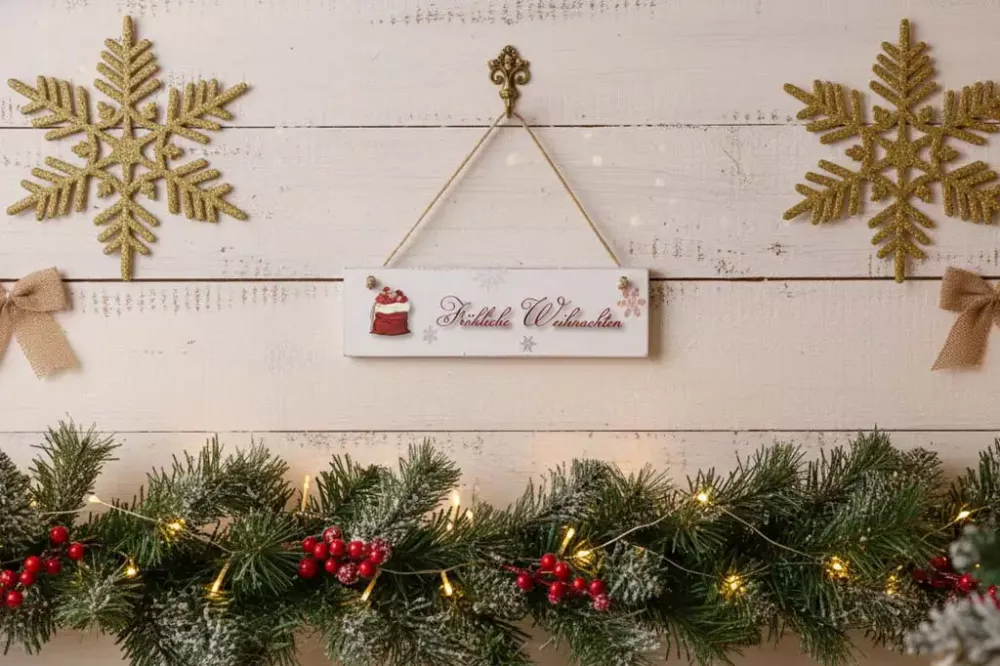 Deko-Schild mit Aufschrift Fröhliche Weihnachten – rustikale Holzdeko im Vintage-Stil mit Juteband zum Aufhängen