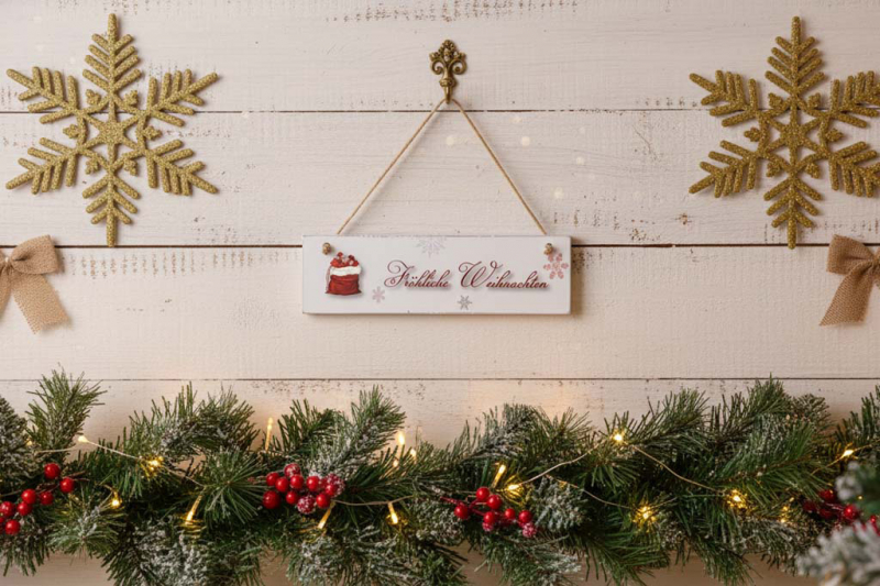 Deko-Schild mit Aufschrift Fröhliche Weihnachten – rustikale Holzdeko im Vintage-Stil mit Juteband zum Aufhängen