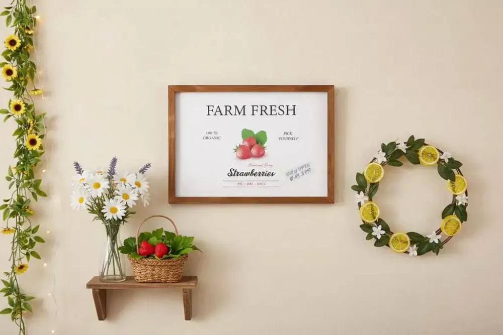 Wandbild aus Holz mit Farm Fresh Strawberries Motiv – Erdbeer Deko Landhausstil