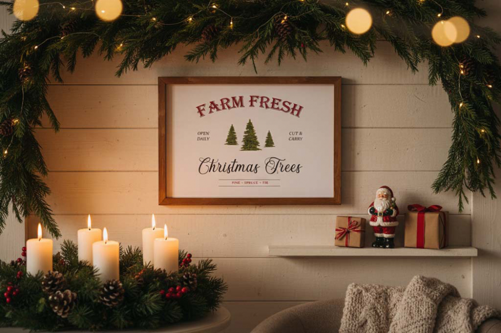 Wandbild aus Holz mit Farm Fresh Christmas Trees Motiv – rustikale Weihnachtsdeko