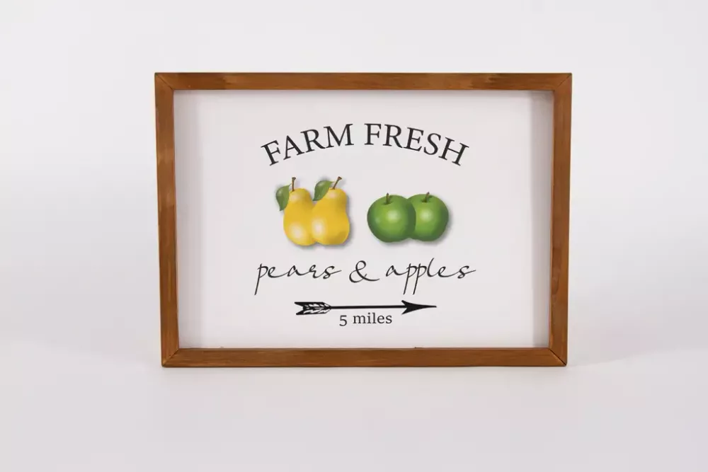 Wandbild aus Holz mit Farm Fresh Pears and Apples Motiv – rustikale Obst Wanddeko