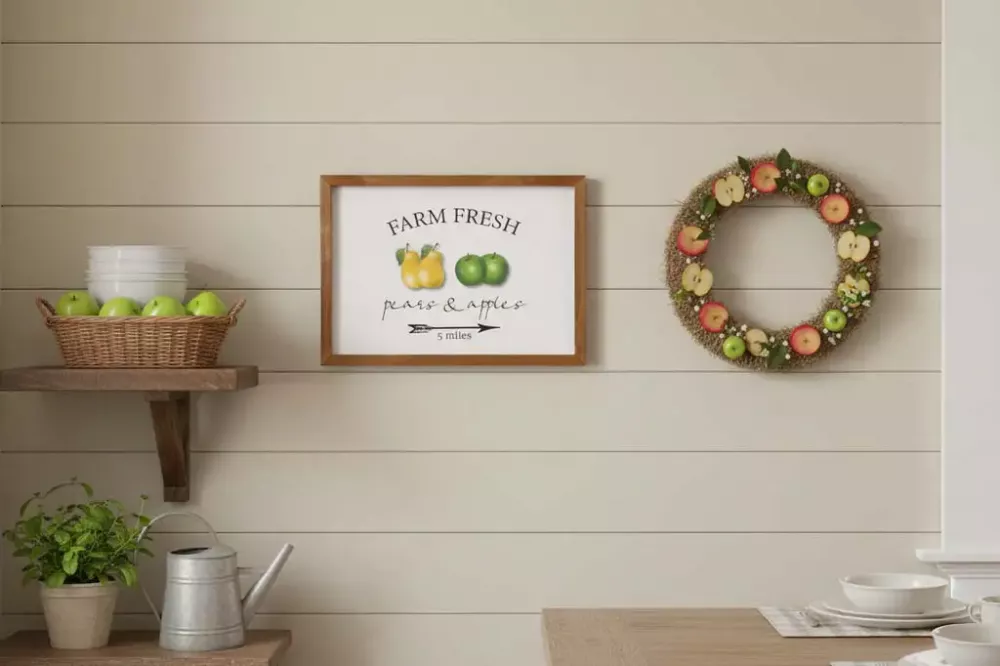 Wandbild aus Holz mit Farm Fresh Pears and Apples Motiv – rustikale Obst Wanddeko