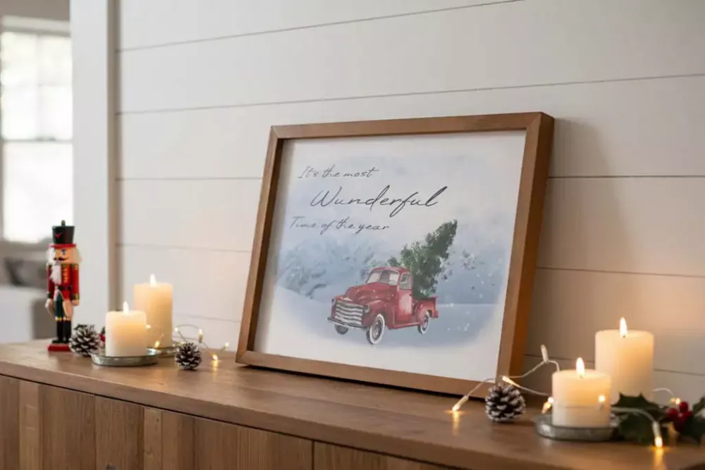 Wandbild aus Holz mit It’s the most wonderful time of the year Schriftzug – Weihnachtsdeko Landhausstil