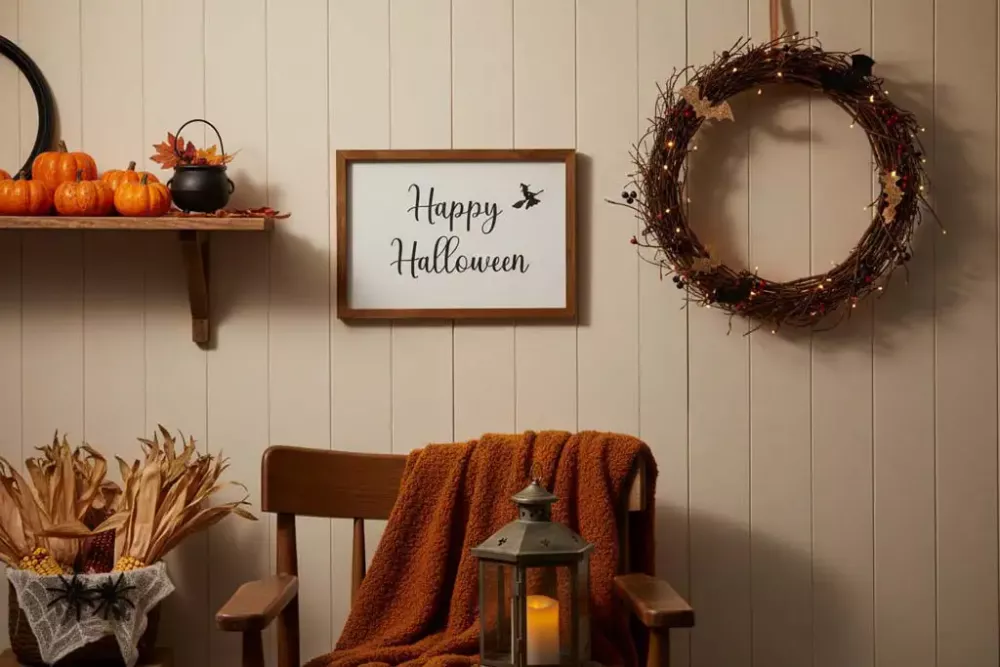 Wandbild aus Holz mit Happy Halloween Motiv – herbstliche Wanddeko für Halloween-Party