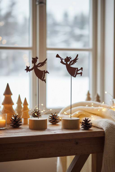 Engel aus Metall auf Holzsockel – Rostoptik Weihnachtsdeko
