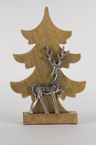 Tannenbaum aus Holz mit Hirsch aus Metall
