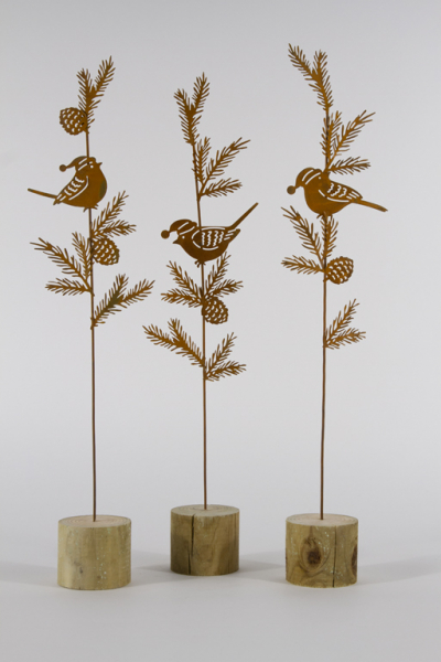 Wintervogel auf Zweig aus Metall auf Holz Edelrost 3er Set