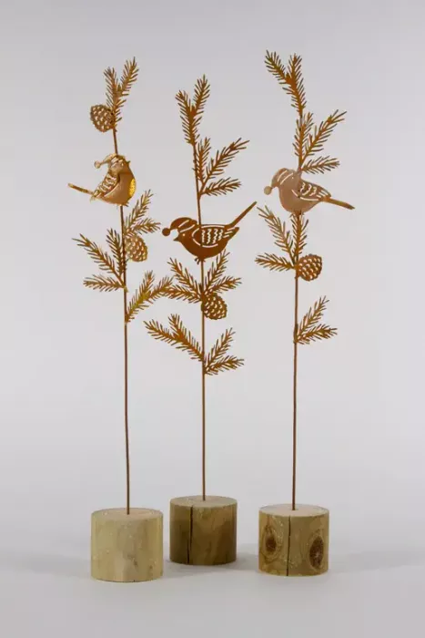 Rustikale Wintervögel in Edelrost-Optik auf Holzsockel – Weihnachtsdeko