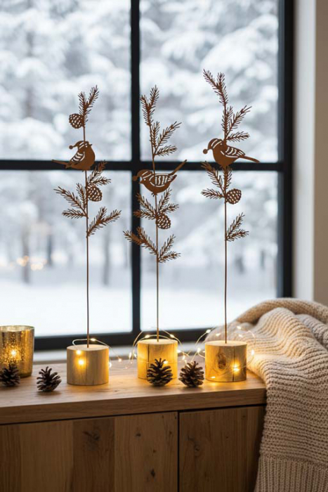 Wintervogel auf Zweig aus Metall auf Holzsockel – Rost Deko 3er-Set