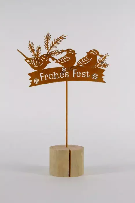 Wintervogel aus Metall auf Holzsockel – Frohes Fest Rost Deko