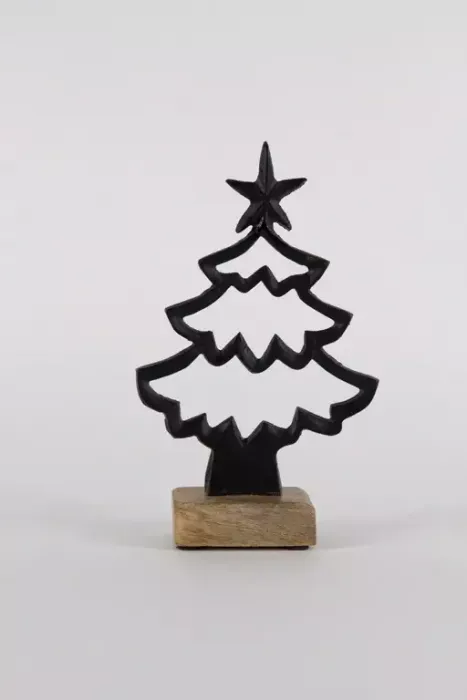 Tannenbaum aus schwarzem Metall auf Holzsockel – elegante Weihnachtsdekoration