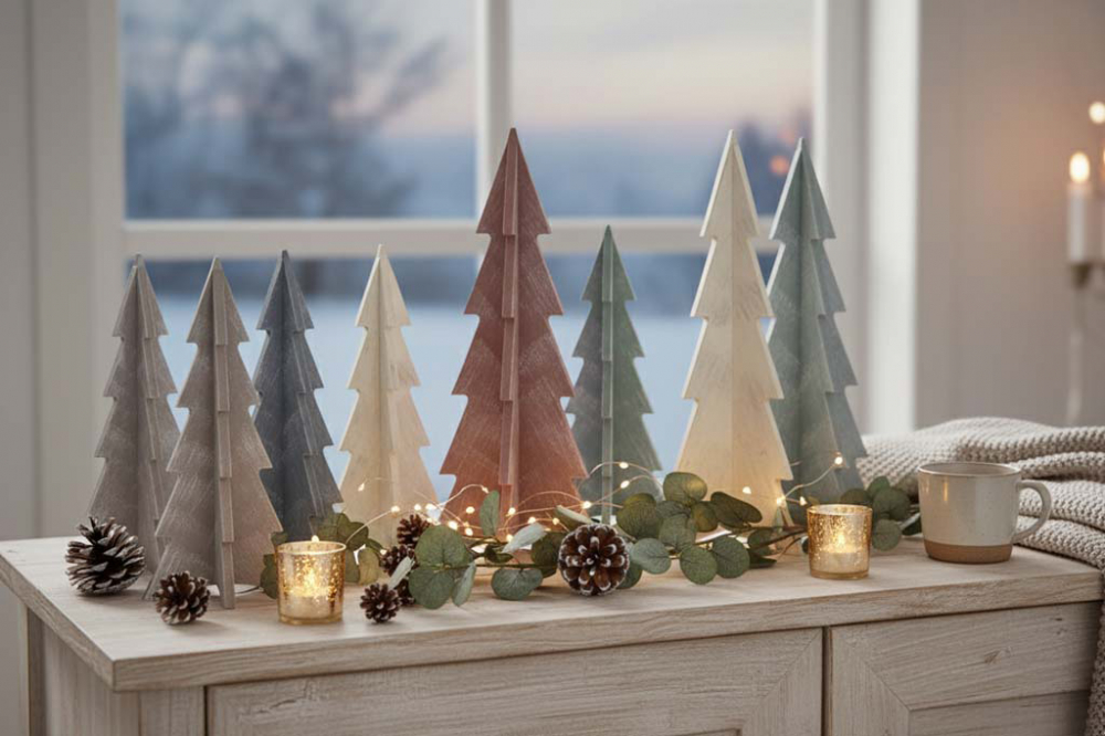 Tannenbaum aus Holz zum Stecken – 25 cm hohe Shabby Chic Weihnachtsdeko in Pflaume