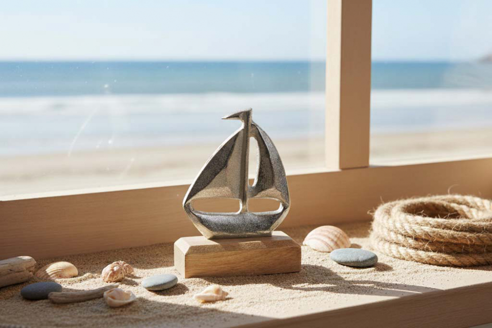 Maritimes Segelboot aus Metall auf Holzsockel – dekoratives Wohnaccessoire im maritimen Stil