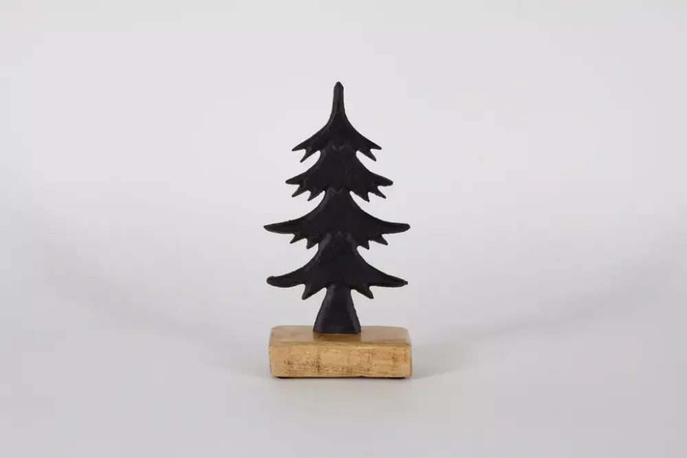 Tannenbaum aus schwarzem Metall auf Holzsockel – elegante Weihnachtsdekorationall schwarz auf Holzsockel 23 cm