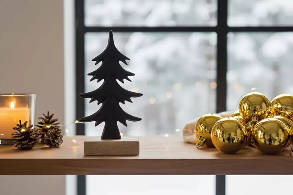 Tannenbaum aus schwarzem Metall auf Holzsockel – elegante Weihnachtsdekorationall schwarz auf Holzsockel 23 cm
