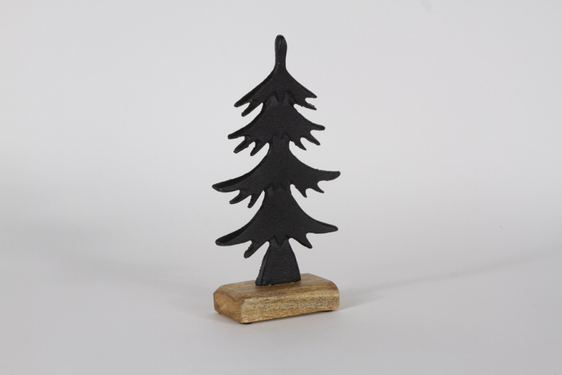 Tannenbaum aus Metall schwarz auf Holzsockel 27 cm
