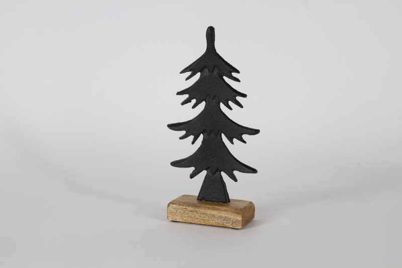 Tannenbaum aus Metall schwarz auf Holzsockel 27 cm