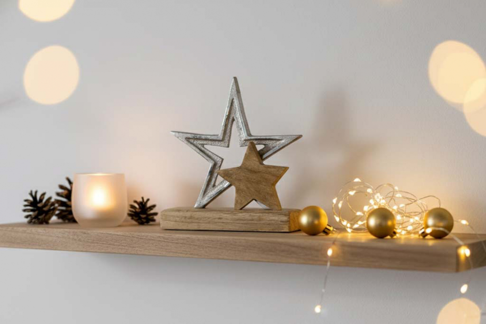 Stern aus Metall und Holz auf Sockel