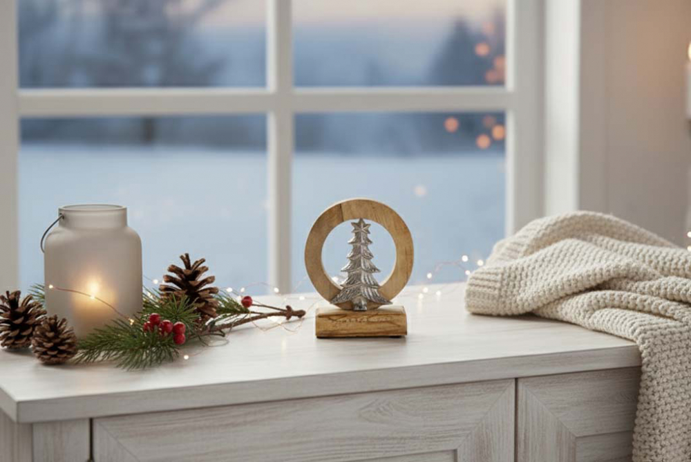 Tannenbaum aus Metall in Holzring – elegante Weihnachtsdekoration