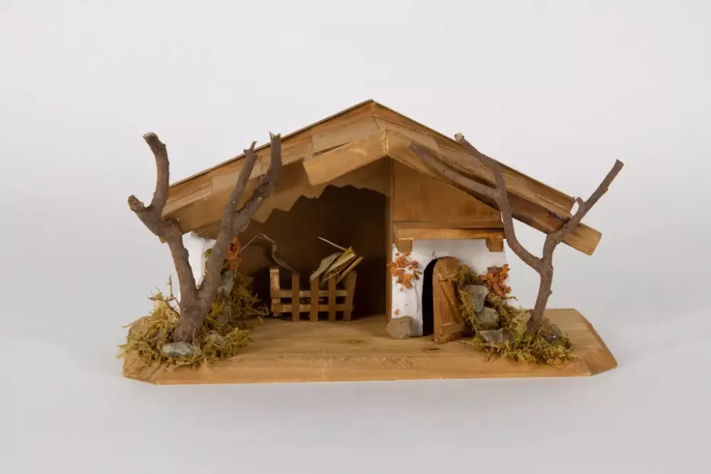 Krippenhaus aus Kiefernholz – 26 cm große Weihnachtskrippe, handgefertigt, festliche Dekoration für Ihr Zuhause