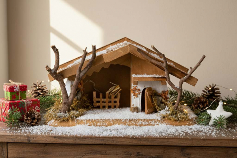 Krippenhaus aus Kiefernholz – 26 cm große Weihnachtskrippe, handgefertigt, festliche Dekoration für Ihr Zuhause