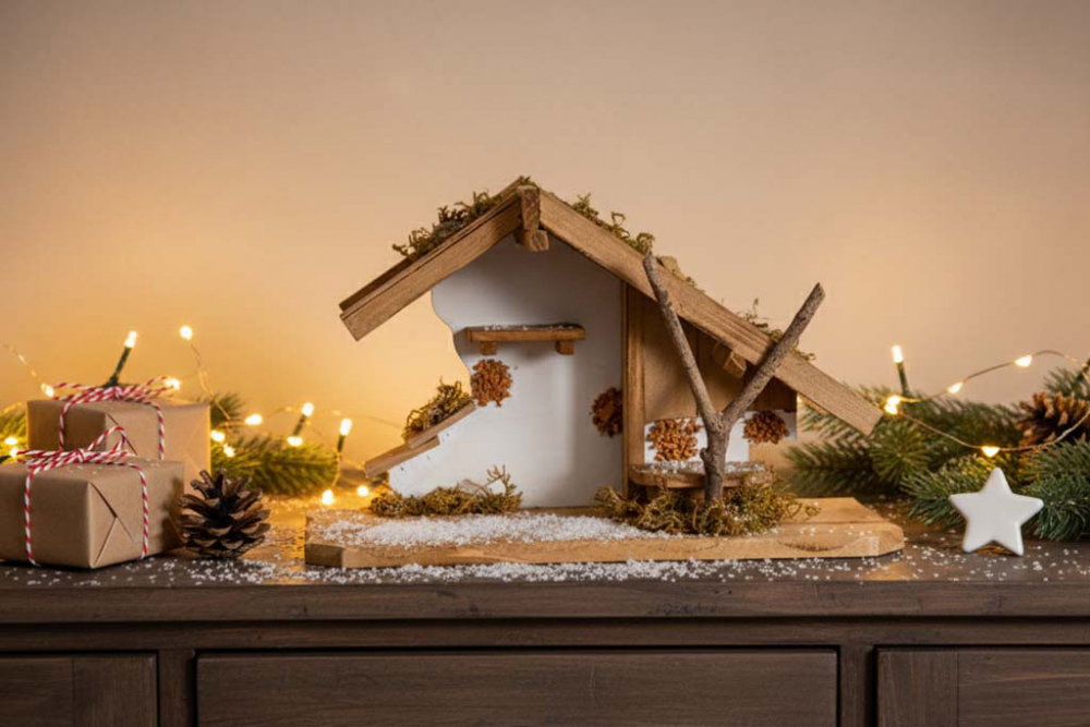 Krippenhaus aus Kiefernholz – 30 cm große Weihnachtskrippe, handgefertigt, festliche Dekoration für Ihr Zuhause