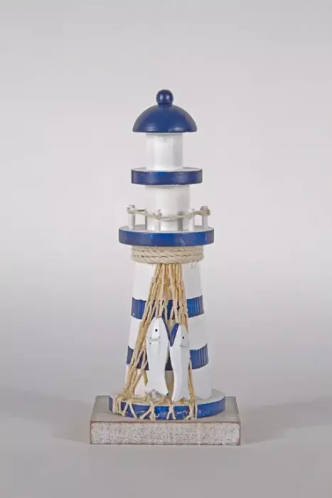 Blauer Leuchtturm aus Holz – maritime Dekoration für Wohnräume