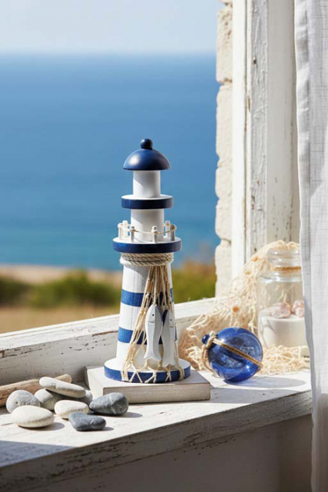 Blauer Leuchtturm aus Holz – maritime Dekoration für Wohnräume