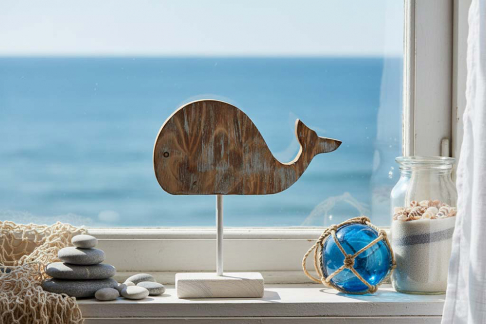 Walfigur aus Altholz auf Sockel – nachhaltige maritime Wohnraumdeko