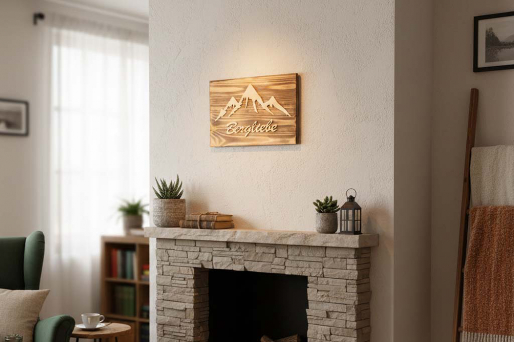 Wandbild Holz „Bergliebe“ – nachhaltige Naturdeko für Bergfreunde und Wohnzimmer