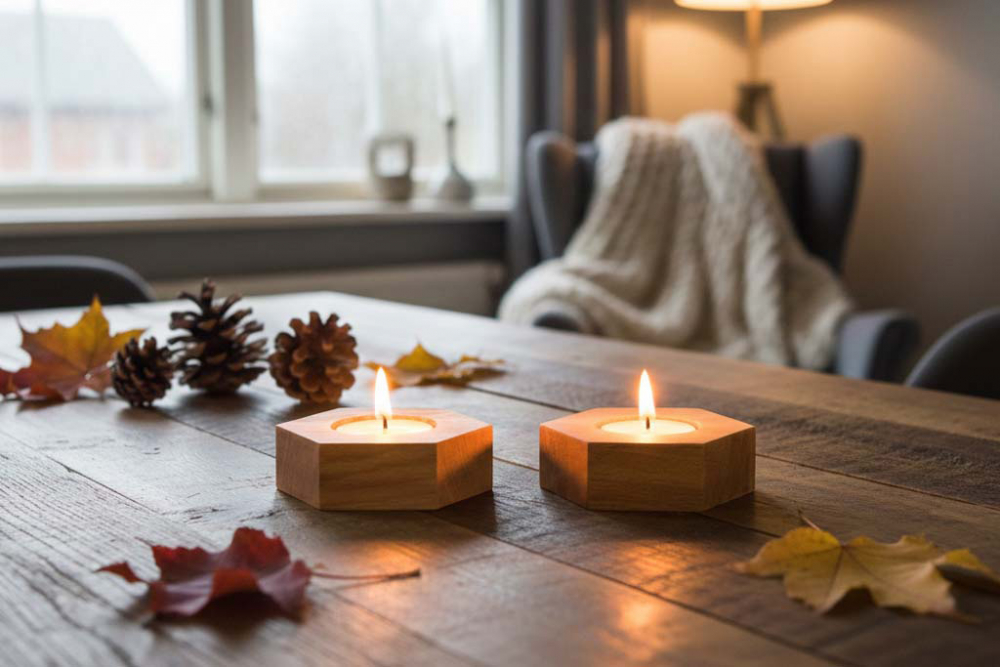 2er Set sechseckiger Teelichthalter aus Buche – natürliche Holzdeko