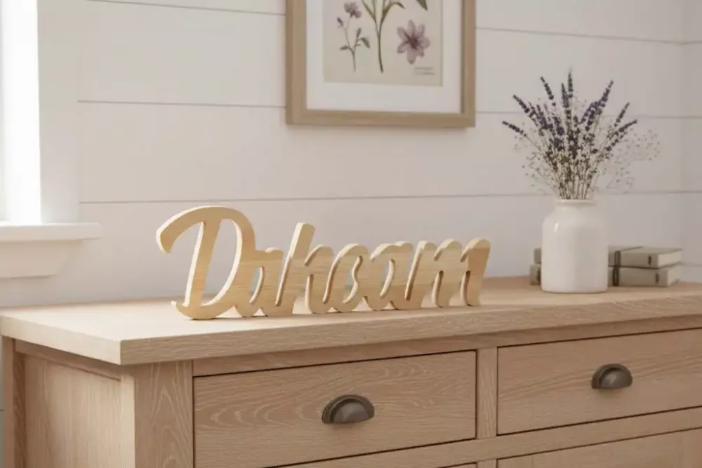 Holz-Schriftzug Dahoam im gemütlichen Wohnzimmer